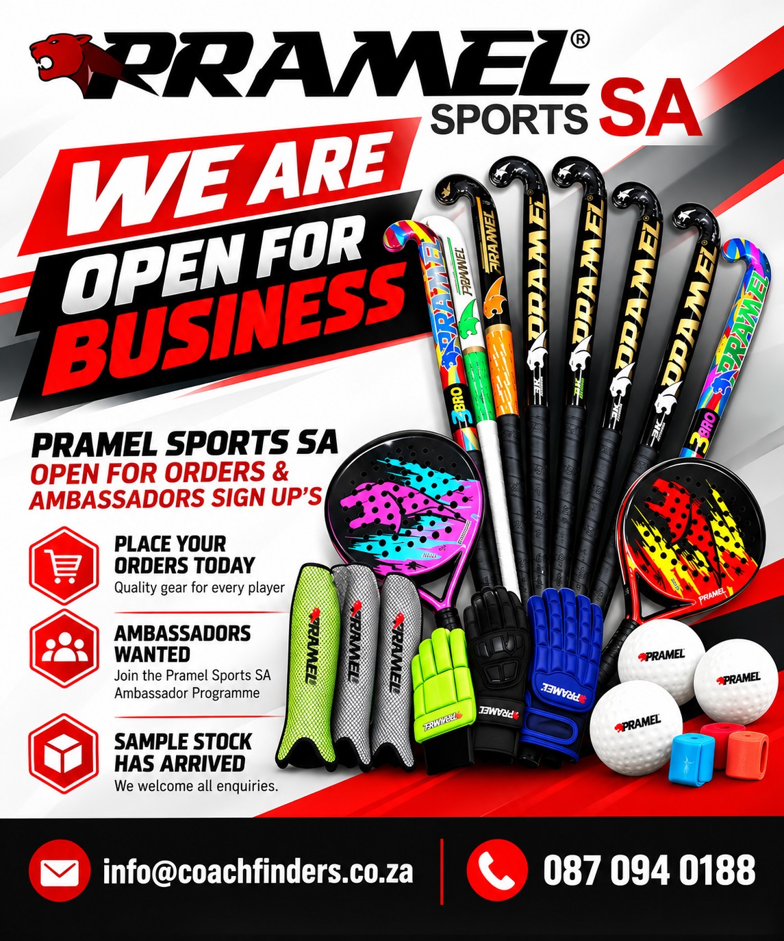 Pramel Sports SA is open for business: sticks, padel rackets, gloves, shin guards and balls. Open for orders and Ambassador sign ups. info@coachfinders.co.za, 087 094 0188.