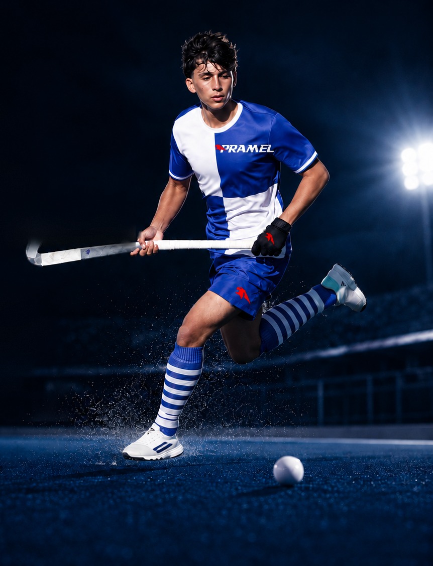 Pramel stick, gloves and shin guards with the Pramel logo